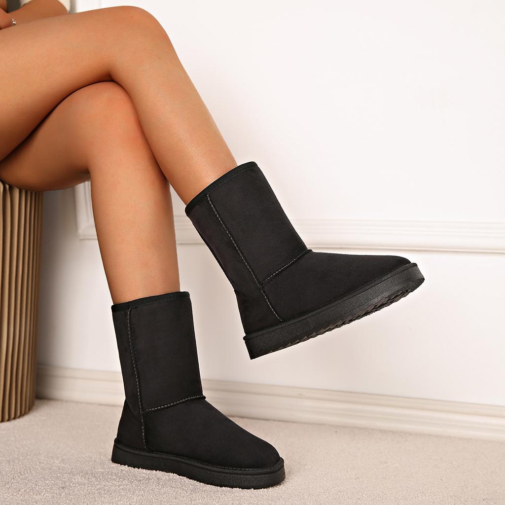 Women's New Autumn Winter Faux Short Fur Slip on Round Toe Flat Rubber Mid Calf Snow Boots