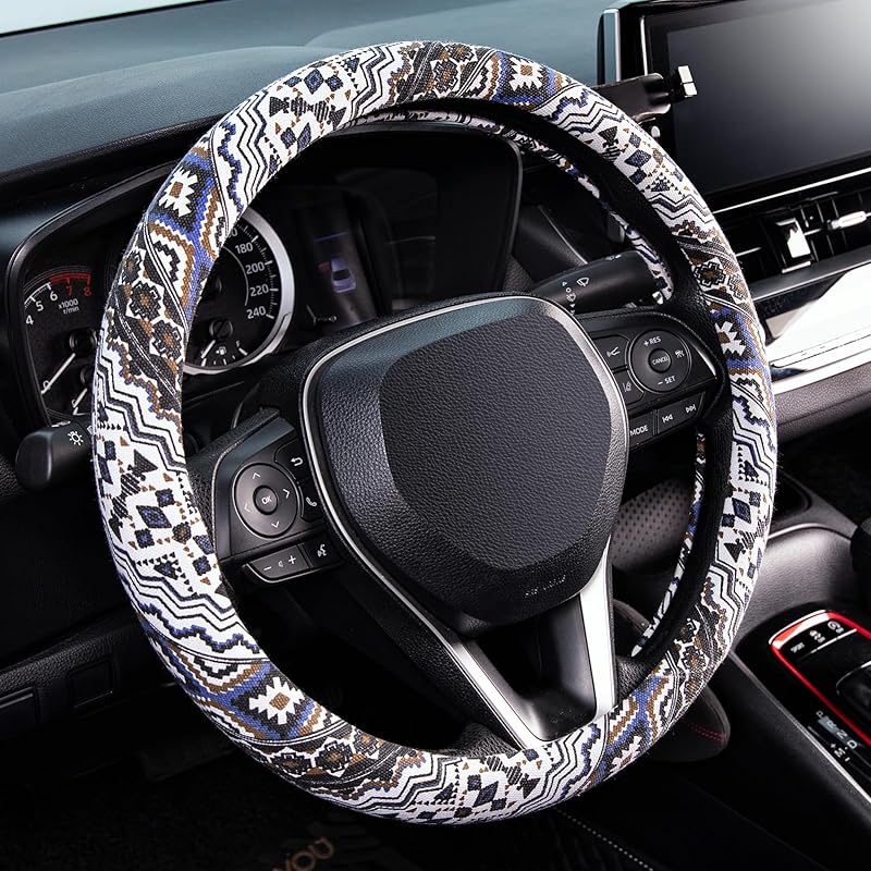 SEG Direct Boho Steering Wheel Cover With Baja Blanket Cloth, Ethnic Style Auto Wheel Cover Made Of Coarse Flax, Fits 14 1/2-15 1/4 Inches Car Wheel