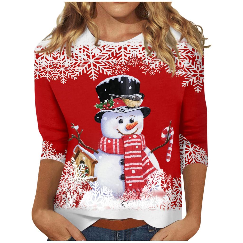 Spring and Autumn Round Neck Christmas Themed Pattern 3D Printed Top Fashionable Casual Long Sleeved Women's T-shirts