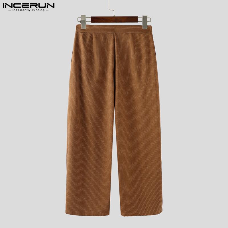 INCERUN Men Casual Loose Zip-up Waist Striped Baggy Wide Legs Pants Long Trousers