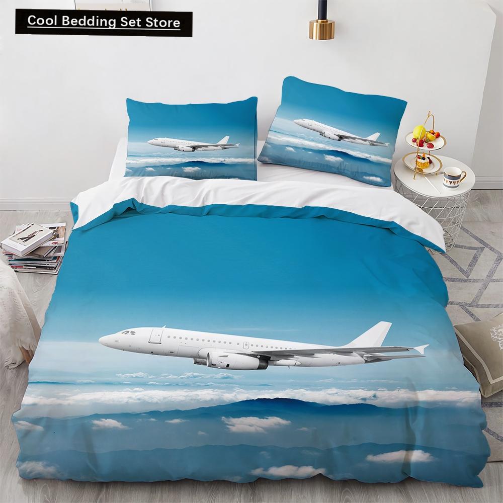 3D Airplane King Queen Duvet Cover Pink Airliner Bedding Set for Adults Sky Sea Natural Landscape 2/3pcs Polyester Quilt Cover