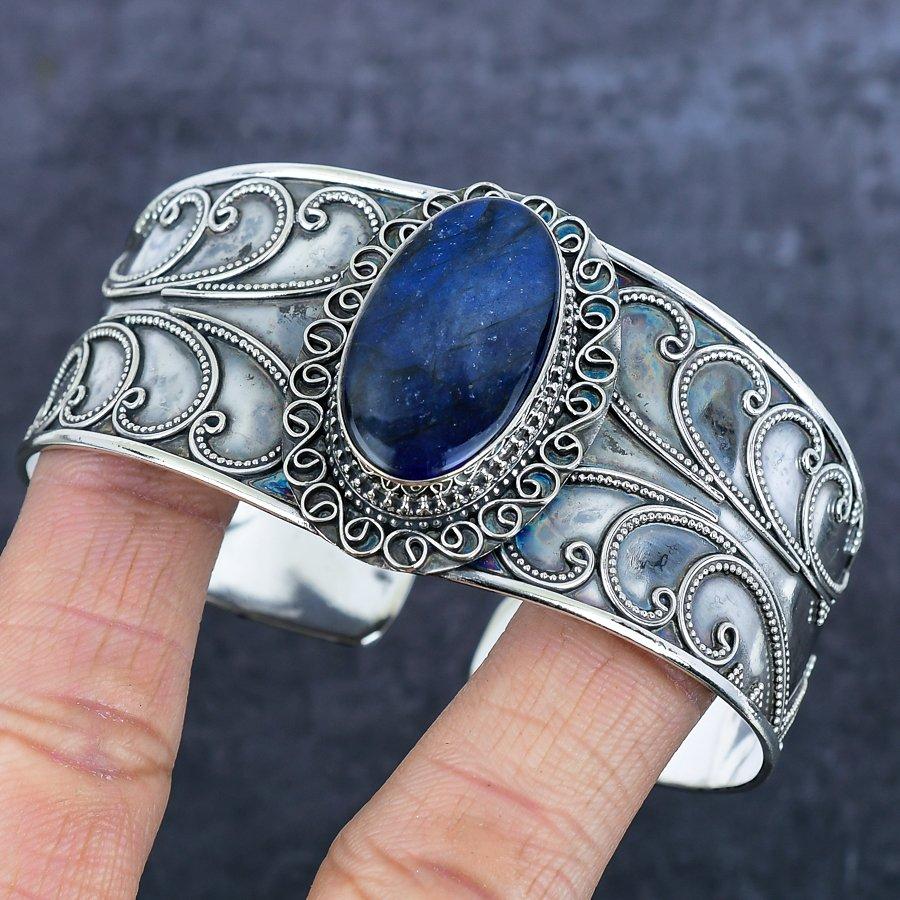 Natural Labradorite Gemstone 925 Sterling Silver Cuff Bangle Adjustable B1S93
