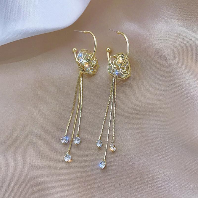 French Luxury Rhinestone Flower Tassel Stud Earrings for Women - Trendy Internet Celebrity Cold Aesthetic Jewelry 8B803