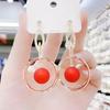 2024 New Korean Style Large Red Bead Earrings: Exaggerated Silver Needle Design for Women’s Fashion
