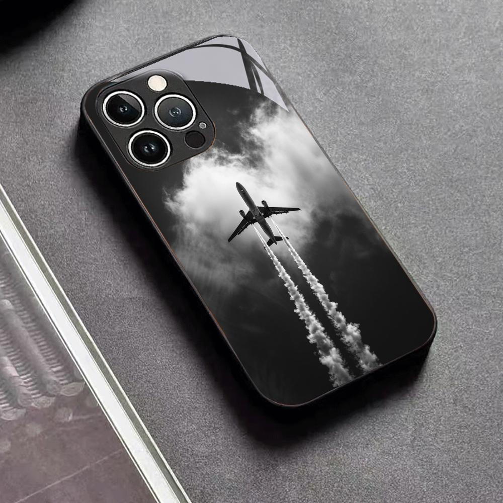 Airplane Phone Case Glass Shockproof Tempered For iPhone 17 16 Pro Max 15 14 13 12 Soft Silicone Protective Cellphone Cover