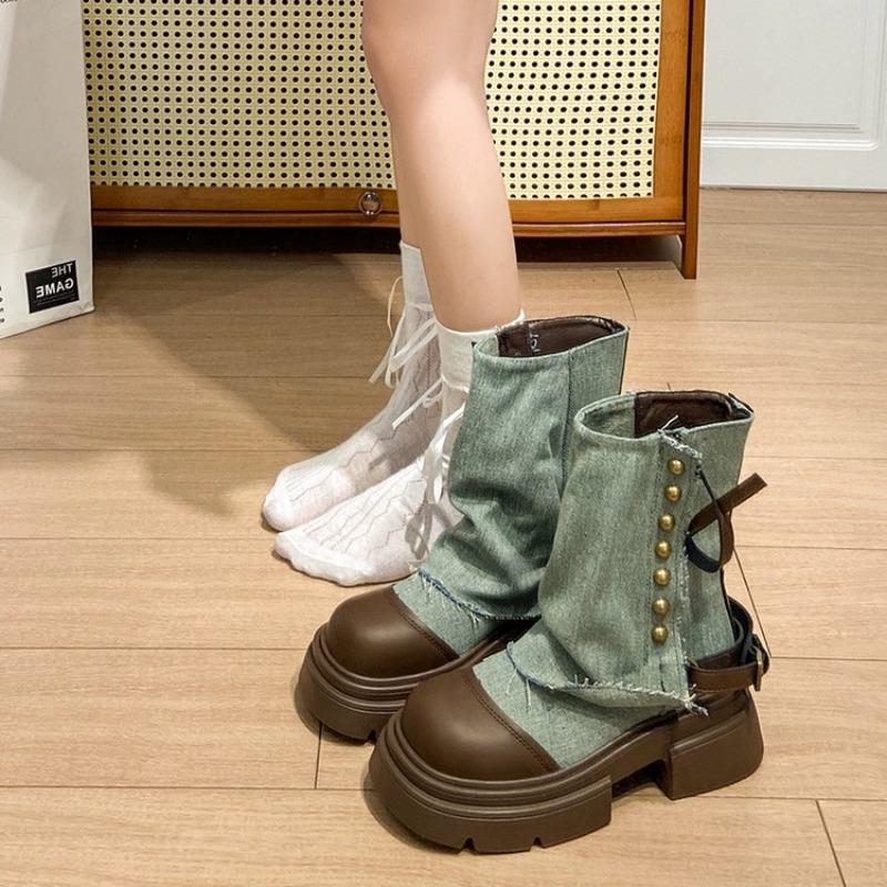 Design sense niche denim trouser boots women's spring and summer new medium tube cigarette casual thick-soled Martin boots