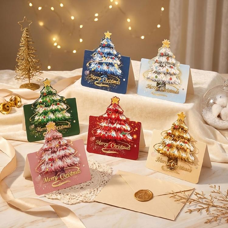 No-Assembly 3D Christmas Greeting Cards, 12 Decorated Tree Cards with Matching Envelopes and Seals for Seasonal Presenting or Mailing