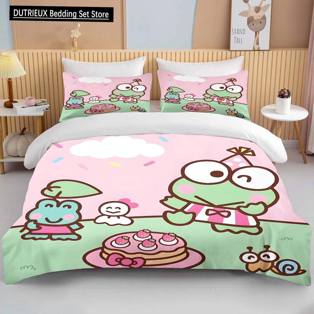 10 Sizes Sanrio Keroppi Printed Bedding Set Cartoon Anime Duvet Cover Comforter Pillowcase Boys Girls Children Adults King Gift