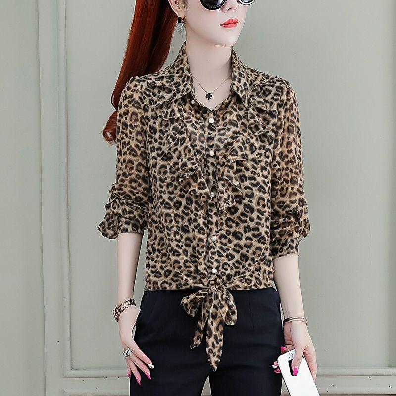 

Floral Chiffon Blouse for Women 2026 New Spring and Autumn Long Sleeve Ruffle Casual Top M цветной печати леопарда
