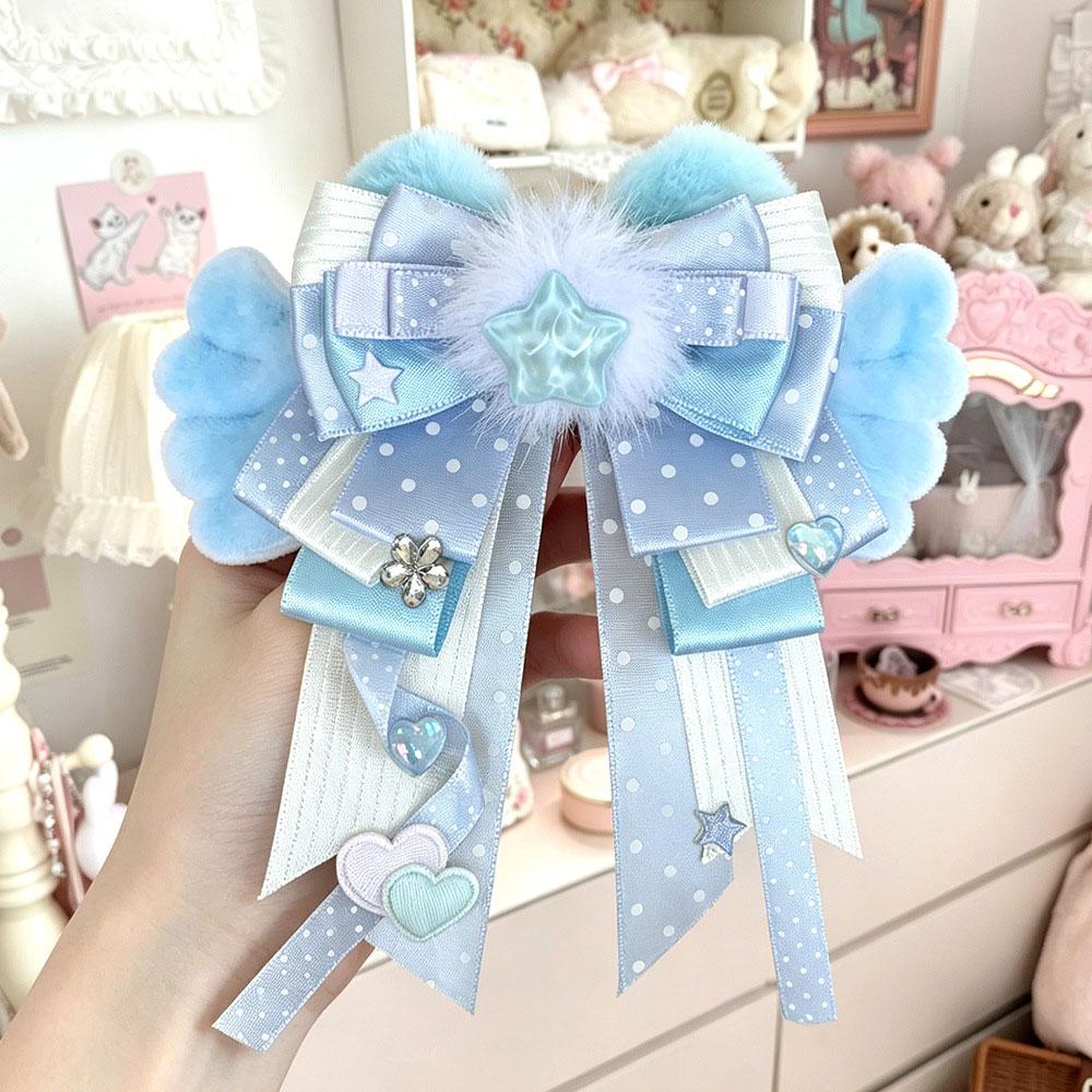 Cute Plush Heart Wings Bow Brooch Badge Handmade Pastel Ribbon Pin With Star Heart Charm Ita Bag Decor Light Sticks Accessories