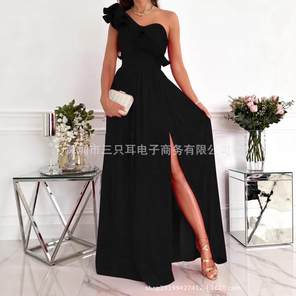 Women's One Shoulder Ruffle High Slit Sleeveless Maxi Dress Party Formal Dress