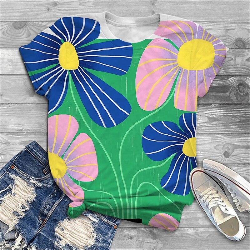 Summer New Women's Short Sleeve Top Pullover Fashion Y2K Casual Colorful Flowers 3D Print Flower Printed Crewneck T-Shirt