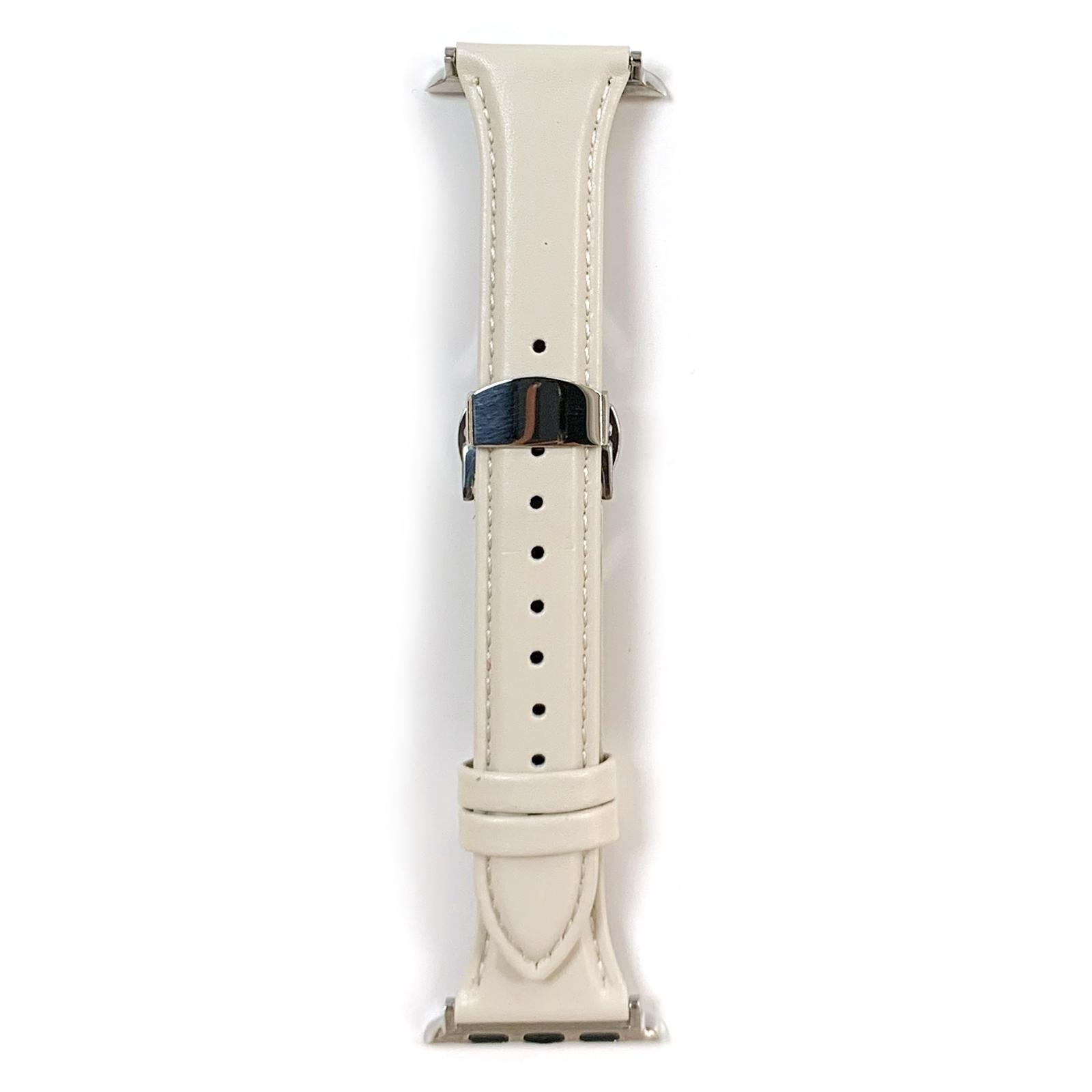 

For Apple Watch 10 46mm/Ultra 2/Ultra 49mm/9 8 7 45mm/SE (2023) SE (2022) SE 6 5 4 44mm/3 2 1 42mm Cow Leather Watchband Replacement Strap Beige/Silver