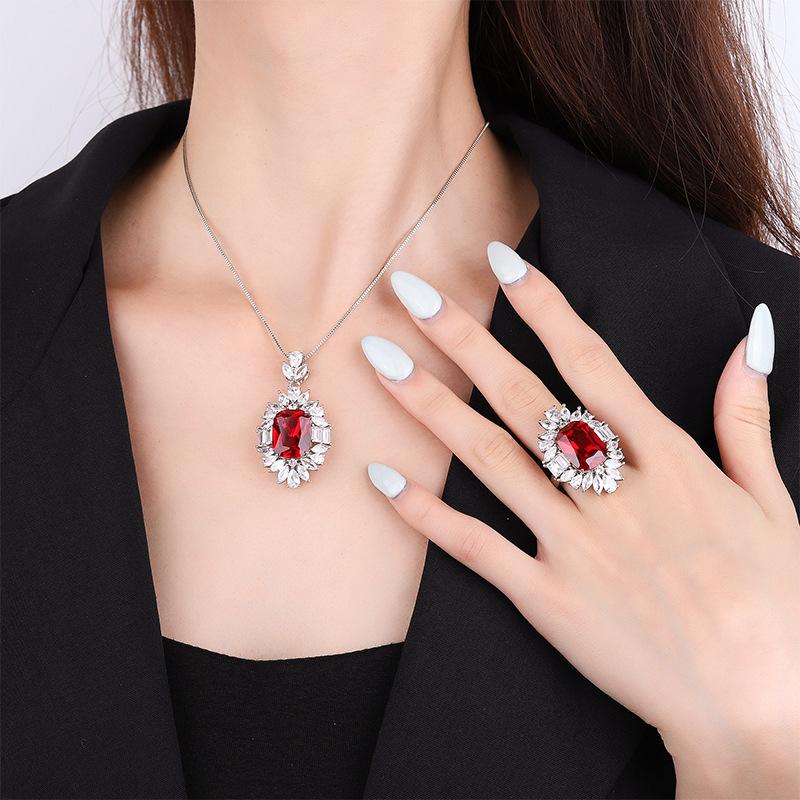 Jewelry Copper Bottom Plating Simulation Red Corundum Sapphire Fat Rectangular Light Luxury Temperament Set Female 12 * 16