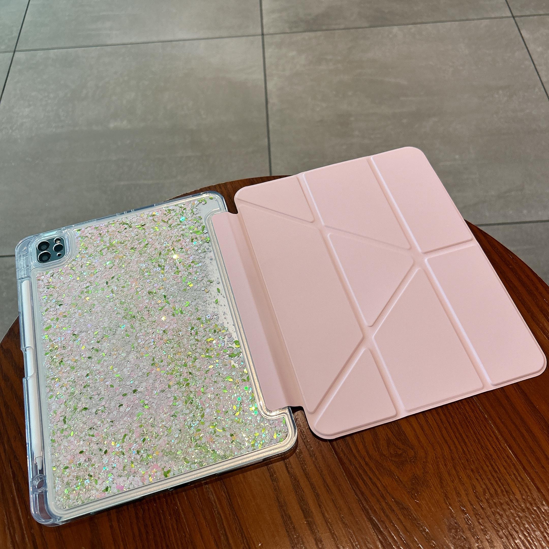 Pour iPad A16 11ème 10ème Pro 11 Air 11 4 5 10.9 10.2 9ème 8ème 7ème Air 3 10.5 avec Support Stylo Coque Arrière Liquide Dynamique Sable Mouvant mini 6 7 rose