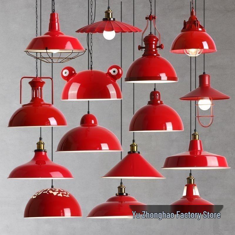 Red Retro Nordic Industrial Chandelier - Ideal for Milk Tea Shops, Bars, Restaurants, and Cafes.