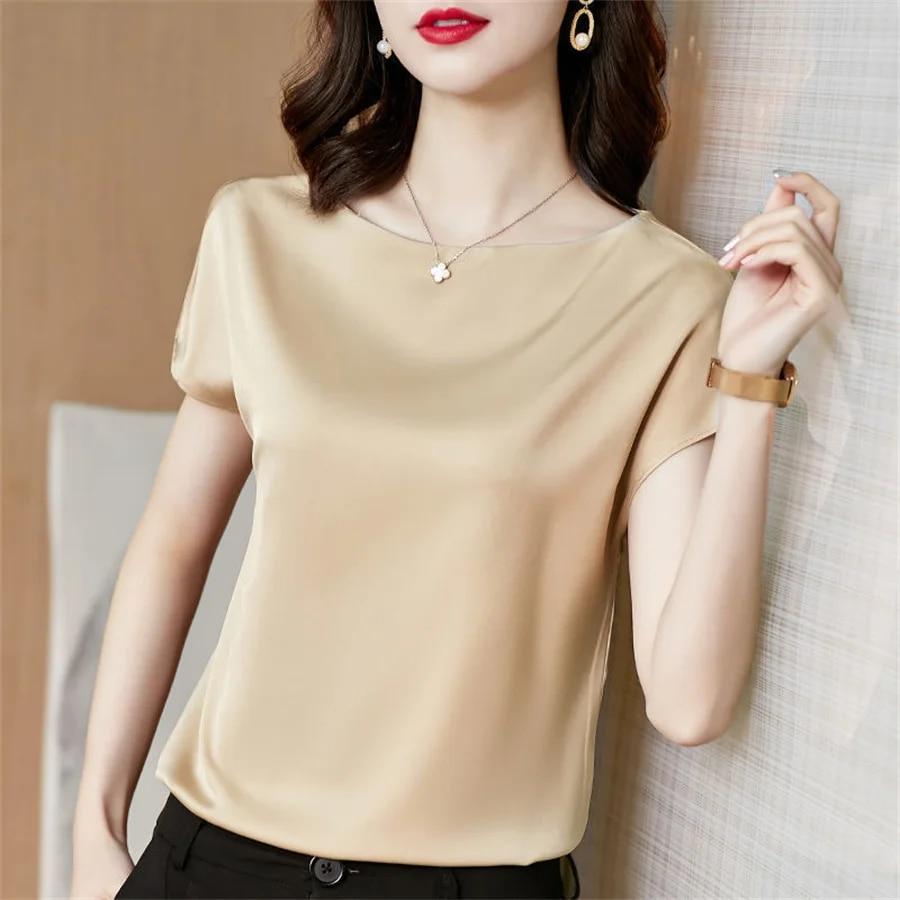 Office Ladies Tops Summer Short Sleeve O Neck Satin Solid Color T-Shirt