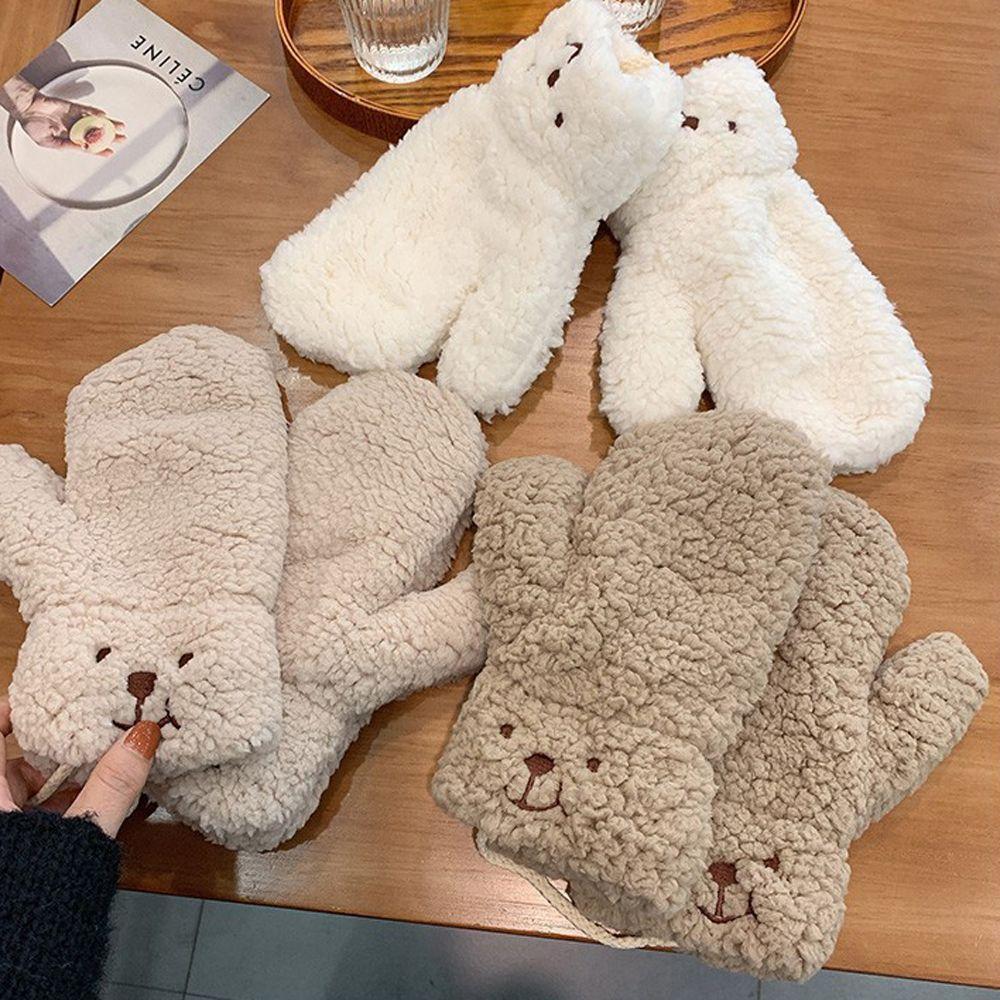 Girls Cute Windproof Plush Outdoor Thicken Women Winter Gloves Hanging Gloves Korean Mittens Bear