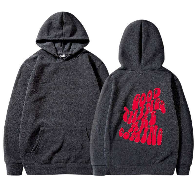 GOOD THINGS ARE COMING Women's Velvet Hoodie Solid Color Letter Printed Kangaroo Pocket Drawstring Printed Hoodie
