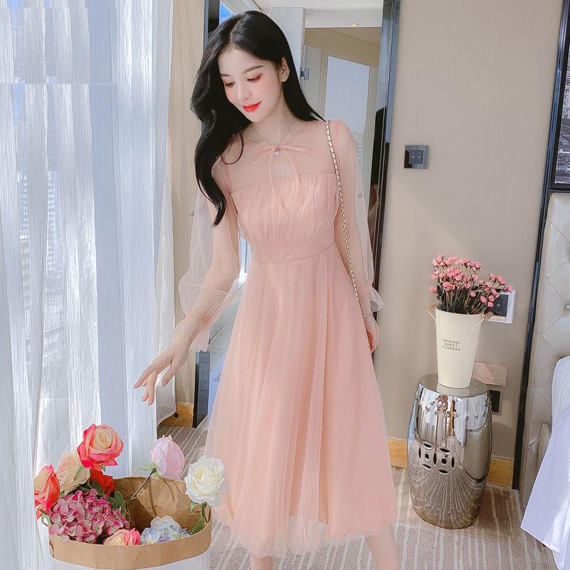 

Молодежный стиль Милый свежий розовый органза бант шнуровка А-силуэта платье перспектива лепестки длинный рукав газовые платья S розовый