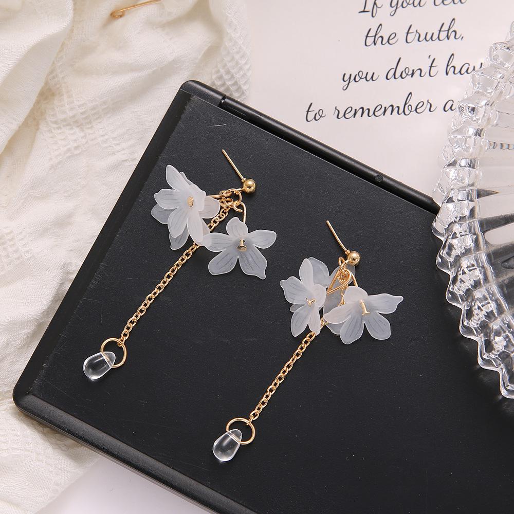 Korean-Style Petal Water Drop Tassel Stud Earrings for Women – Hanfu Accessories, Long Slim Design
