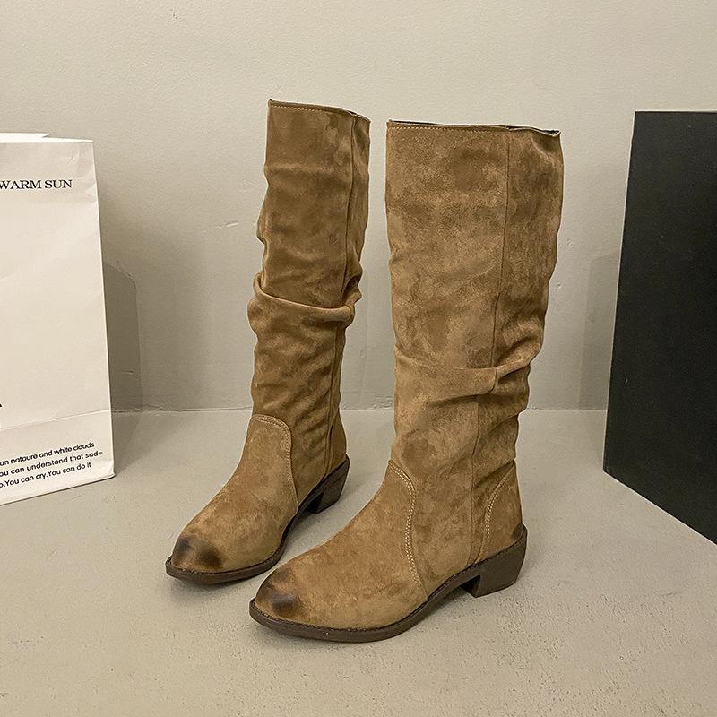But Knee Pleated Boots Women's 2025 New British Style Fashion Temperament Western Cowboy Boots Thick Heel Knight Boots