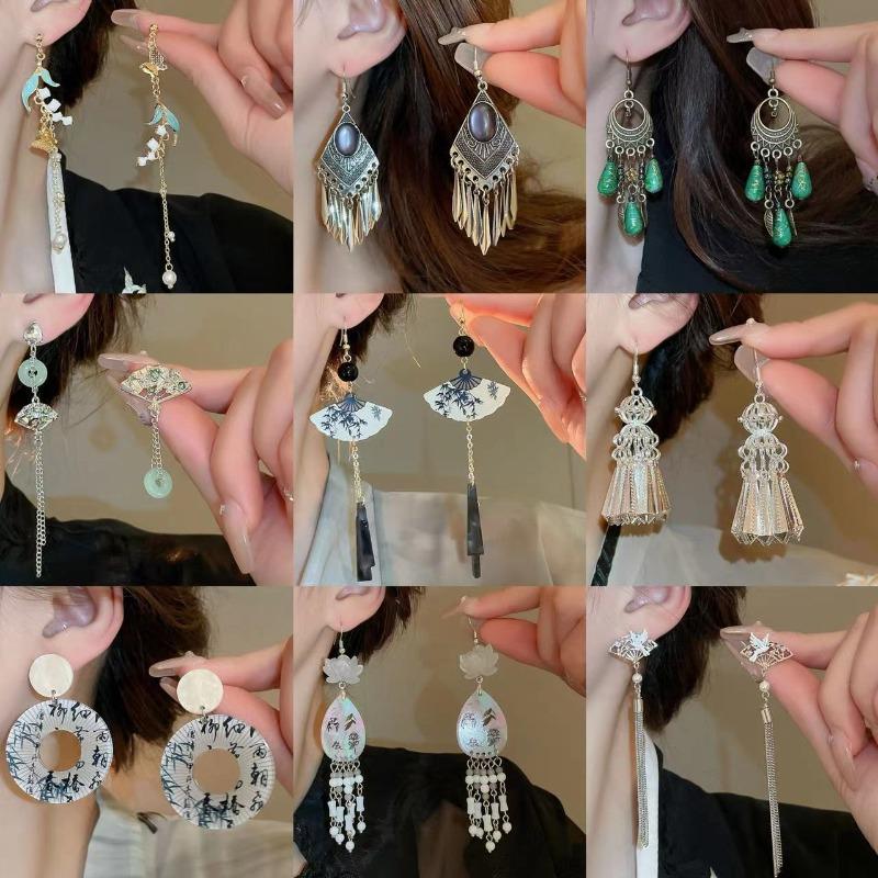 New Chinese antique super fairy bamboo flower pearl fringed stud earrings ear hook explosion Chinese style versatile earrings earrings