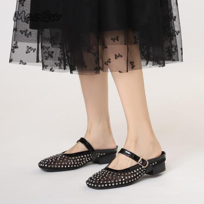 Fashion Crystal Studded Mesh Breathable Shoes Fashion Square Head Shallow Mouth Mary Jane Shoes Elegant Office Ladies Low Heel Pumps