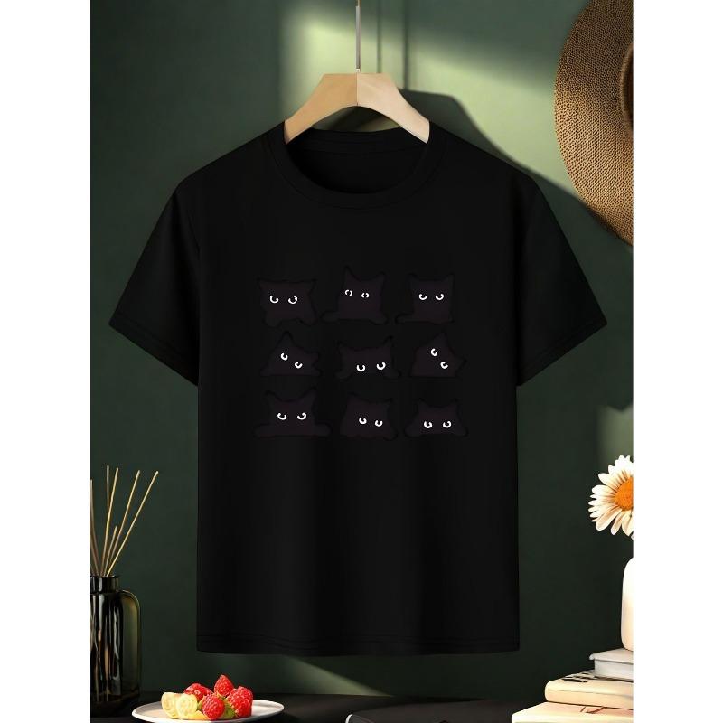 European sizes Cute Cat Pattern T-Shirt - Soft and Comfortable with Black Cat Print for Added  Comfortable Fabric, Girls' Casual T-Shirt