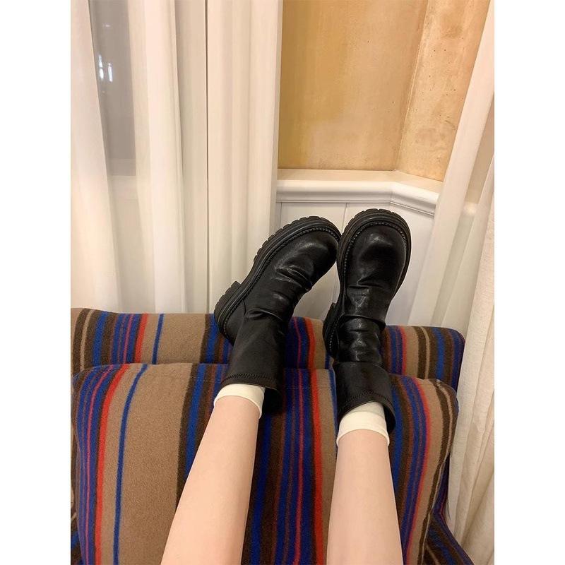 Round Head Pleated Thick Heel Elastic Stack Short Boots Women'S Autumn Versatile After Zipper Thin Boots