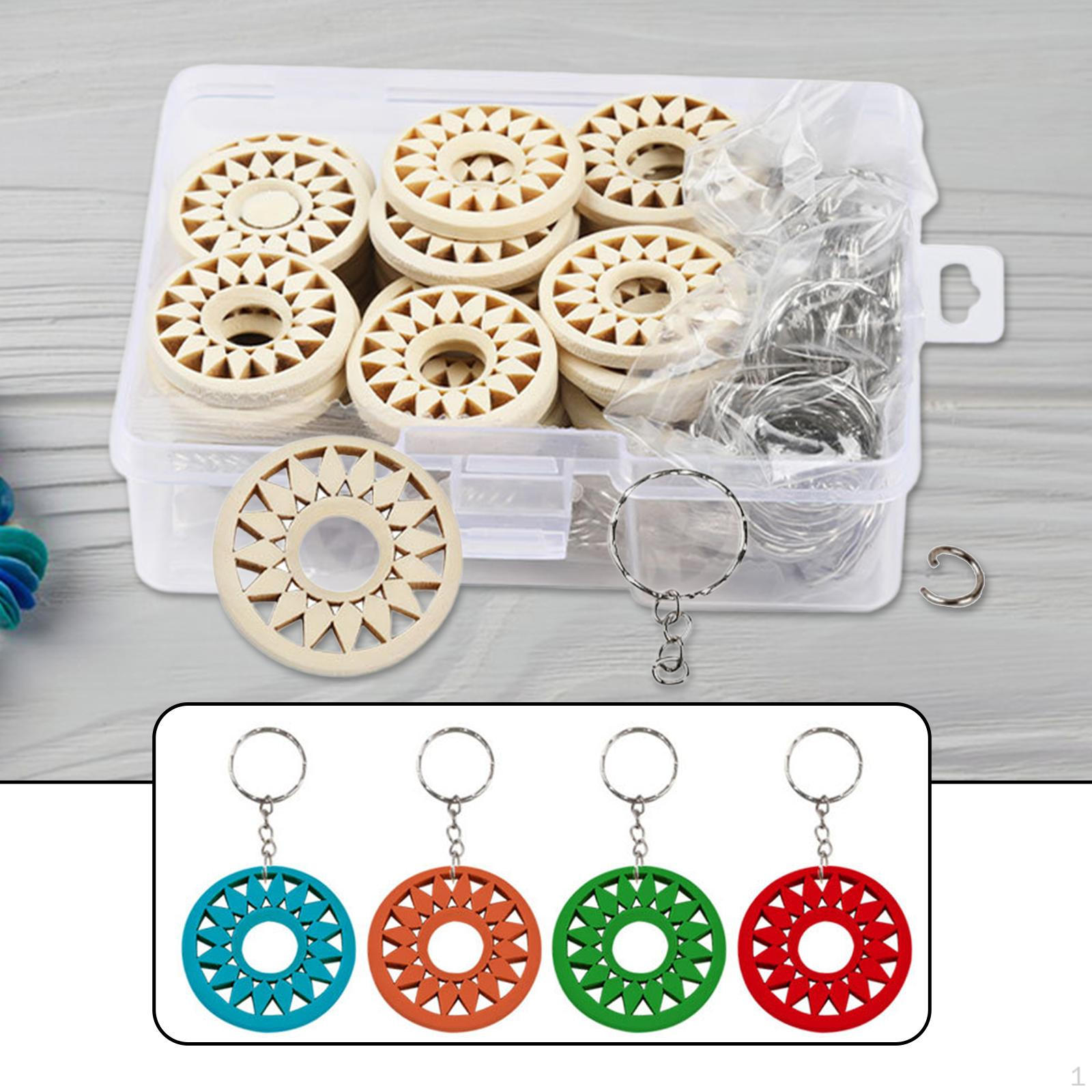 

50x Blank Unfinished Wooden Cutouts Handcrafted Embellishments Wood Chips with Keyrings for DIY