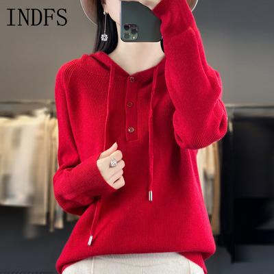 INDFS Women's Fashion Casual Fall Winter Solid Color Print Long Sleeve Hooded Sweaters