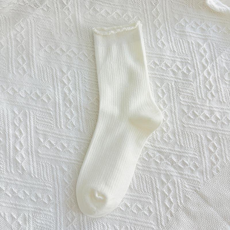 Schwarze Socken mit Ohrbesatz für Damen, Wadenlange Socken für Herbst und Winter, Trendige einfarbige Baumwollsocken, Frotteesocken mit Spitze, Nahtlose Damensocken