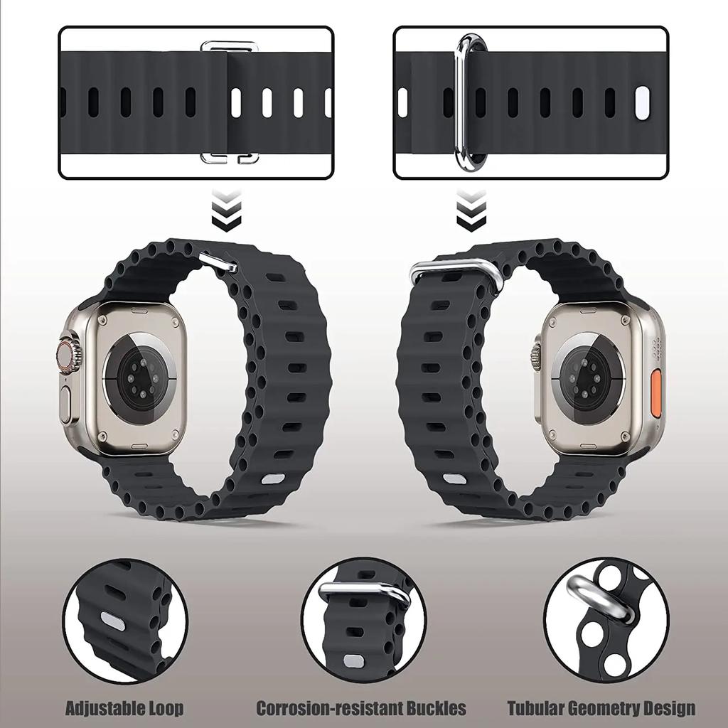 Silicone Ocean Strap For Apple Watch Band Ultra 3/2 49mm 46mm 45mm 42mm 44mm 41mm Sports Bracelet iWatch 11 10 9 8 7 6 5 SE band