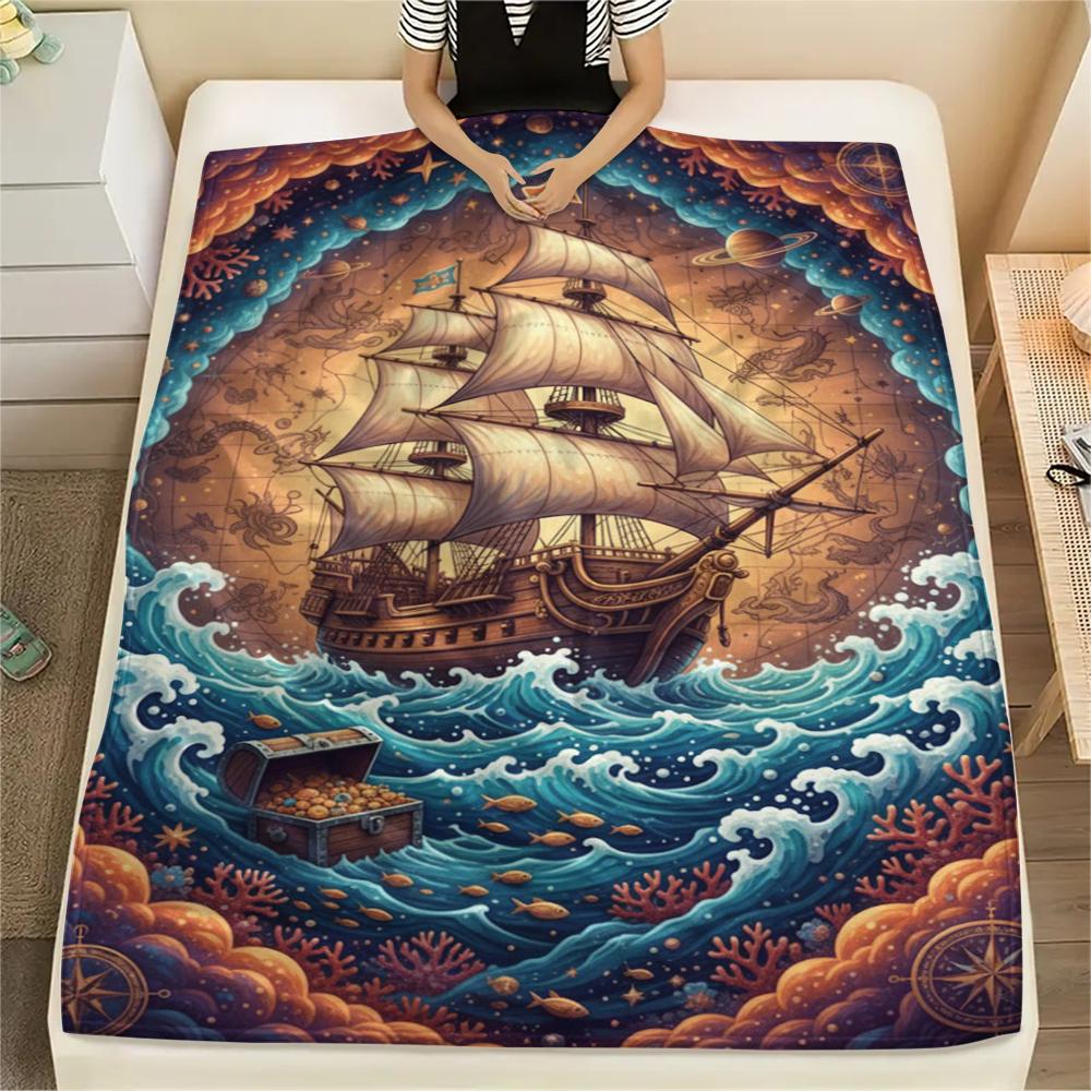 Colorful Starry Sky Sailing Print Flannel Blanket,High quality Comfortable for All Seasons,Home Decor,Warmth and Comfort,Perfect for Christmas Gifts