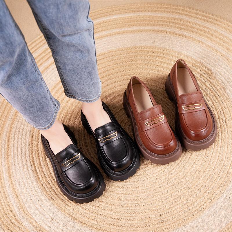 First Layer Cowhide Loafers Women's Spring and Autumn New Soft Leather British Style Foam Platform Single Shoes Women's Muffin Shoes