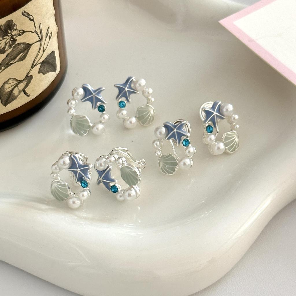 Starfish Seashell Pearl Earrings Clip-On, No Piercing Needed, Unique Design for Women