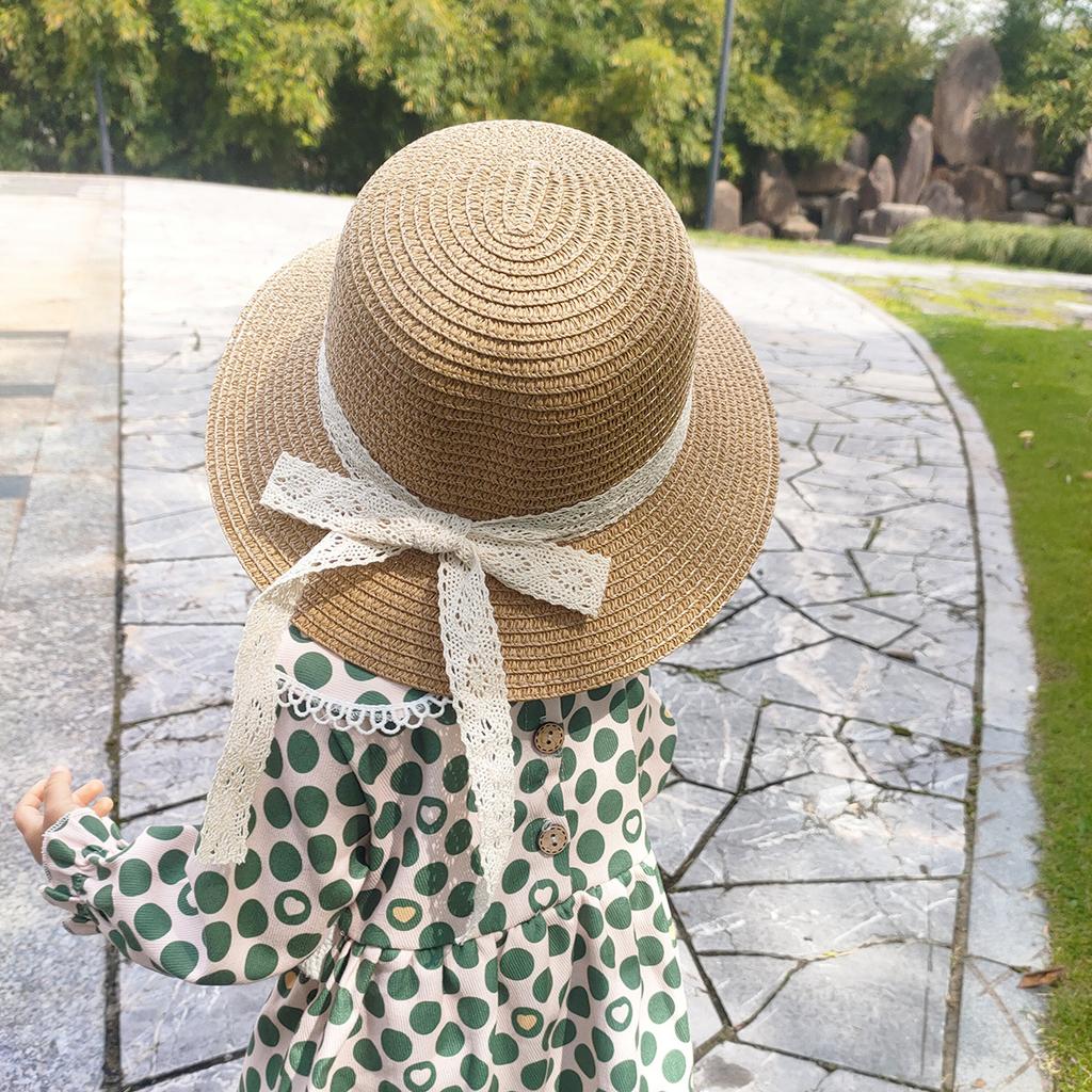Lace Bow Straw Hat Baby Sun Hat Girls Beach Hat British Tide Top Hat Flat Top Sun Hat