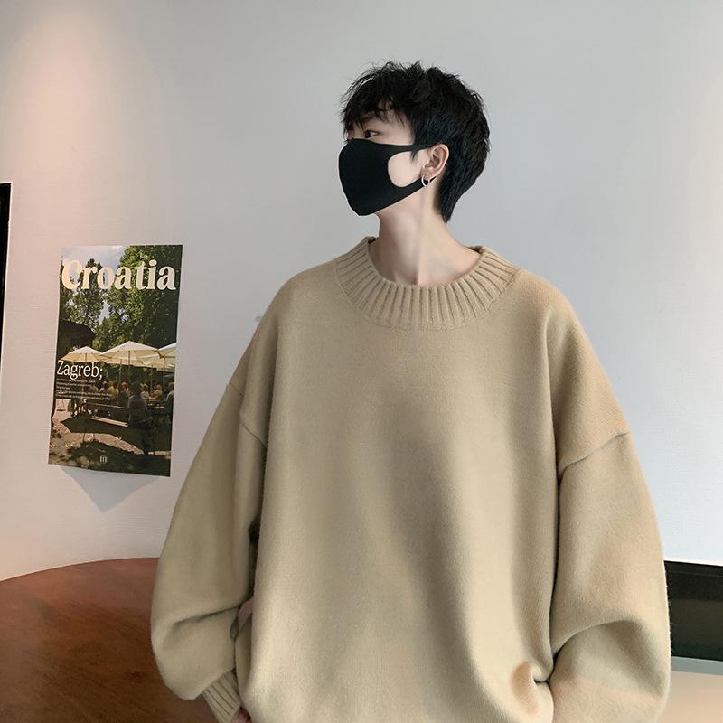 Men's Trendy Loose Round Neck Sweater - Spring/Autumn Solid Color Knitwear, Hong Kong Style Casual Outerwear