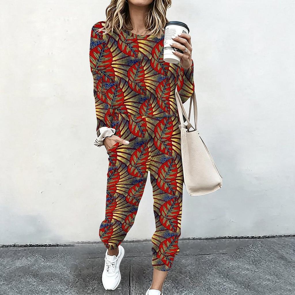 Female Round Neck Long Sleeve Sweatshirt And High Waist Straight Trousers Two Piece Everyday Leisure Outfit