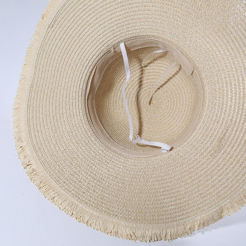 Damen Sommer Strohhut mit breiter Krempe, Spitzen-Schleife und fließenden Bändern: Sonnenhut für Ausflüge und den Strand