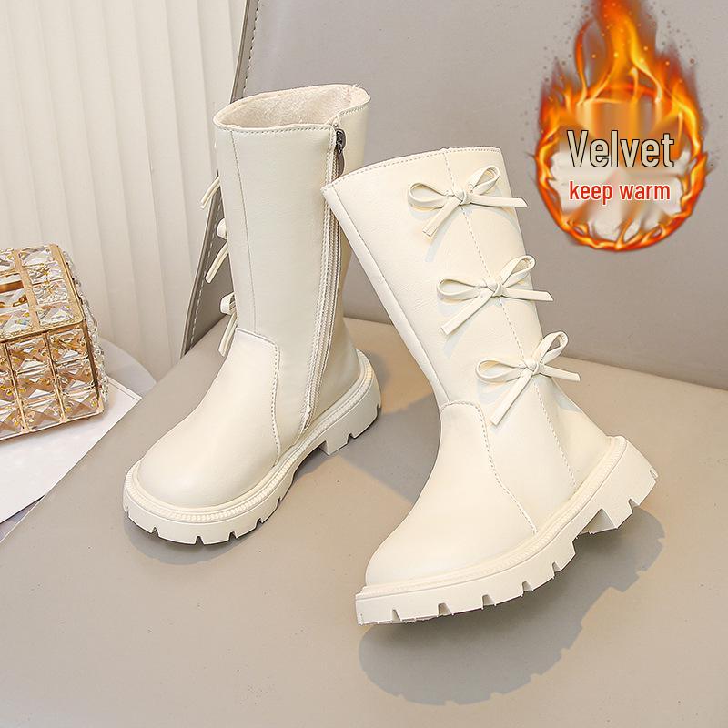 2025 Autumn/Winter Girls' High Leather Boots - Stylish Bow Princess Martin Style