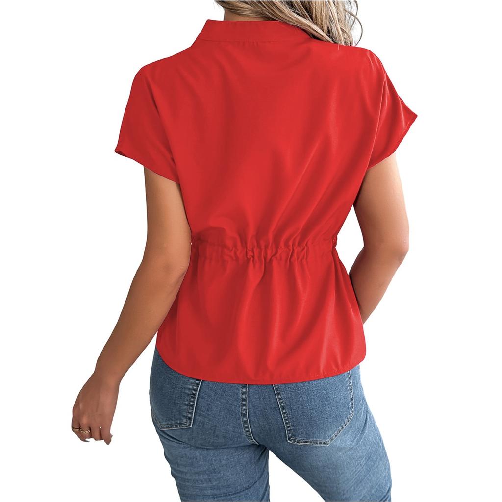 Camicie estive da donna Manica corta Chiffon Scollo a V Bottoni Elegante Cintura Camicia