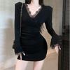 Plus Size Spicy Lace V-Neck Bodycon Dress – Winter Slimming Mini Skirt