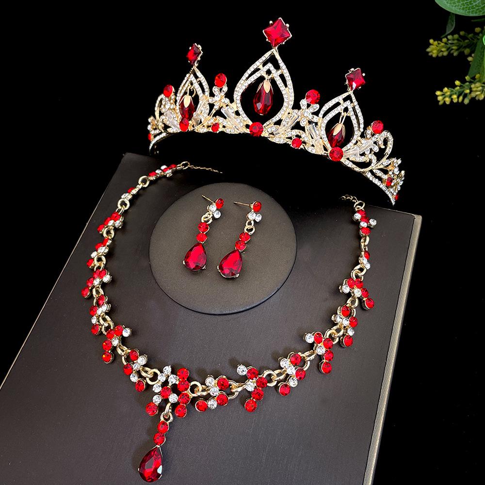 Red Bride's Crown Three Piece Set Wedding Crown  Headwear  Necklace  Earrings Korean Style Super Fairy Wedding Dress Accessories