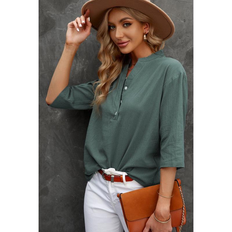 2026 Women's Casual Solid Color Five-Sleeve Loose Plus Size Pullover Shirt