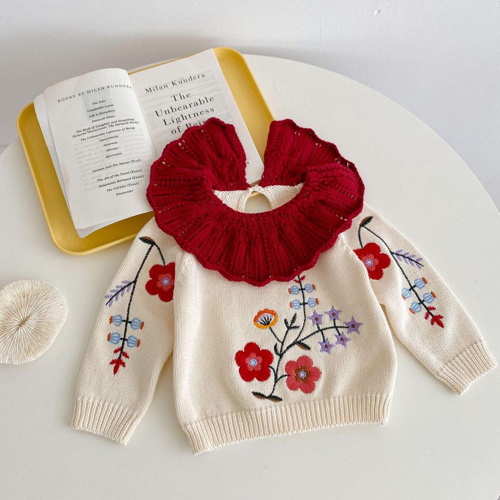 2024 Autumn Baby Girl Knitted Suit: Embroidered Top & Lace Pants Set