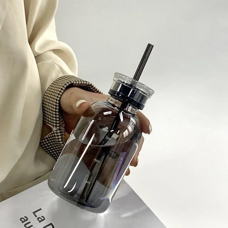 300-750ml Double Lid Water Bottle High Borosilicate Glass Water Cup with Straw Korean Portable Milk Juice Cup with Time Marker