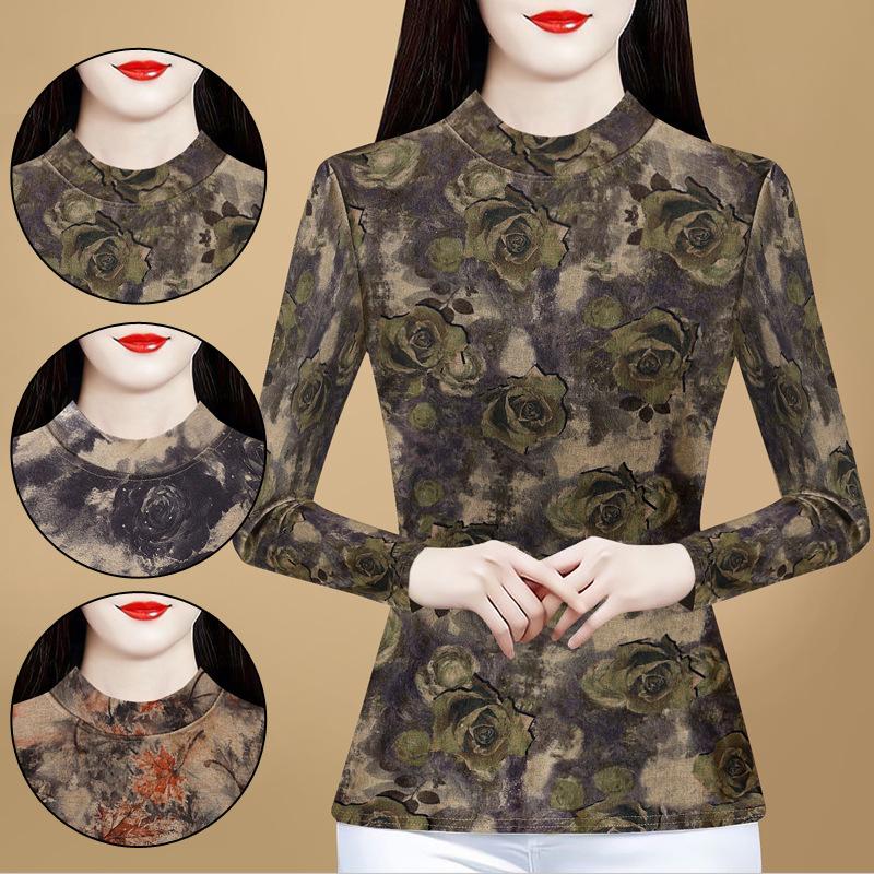 Winter New Korean Version Slim-fit Long-sleeved T-shirt Top Large-size Printed Fleece Thickened Pullover Bottoming Shirt