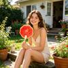 1/2Pcs Watermelon Fan with Wooden Long Handle, Lightweight Decorative Round Hand Fan, Outdoor Portable Summer Cooling Fan